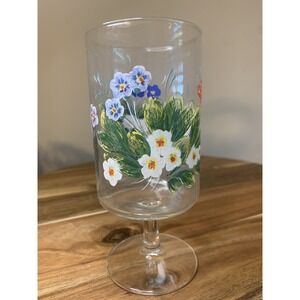 Neiman Marcus Handpainted Floral Glass Water Goblet Vintage Wildflowers 6 1/2"